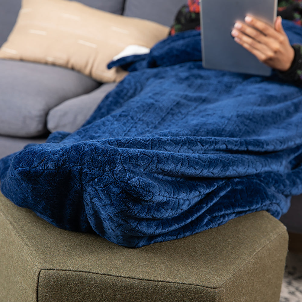 Dark Blue Sherpa Lined Fleece Foot Pocket Blanket Gorgeous Throw